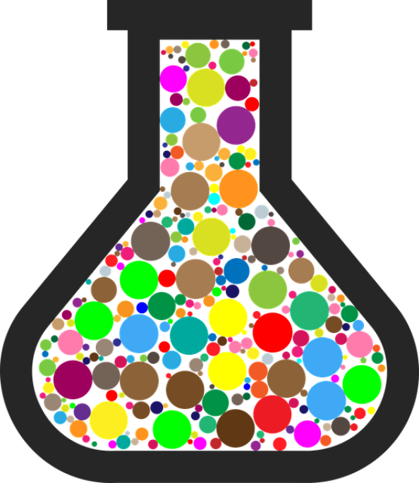 Eine Grafik mit einem Glasbehälter mit mehrfarbigem Inhalt.