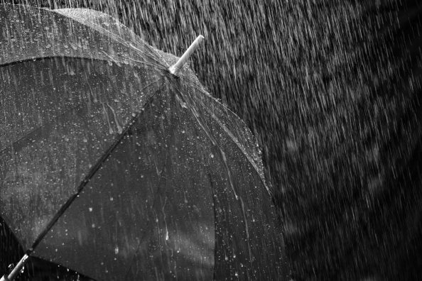 Regentropfen prasseln auf einen Regenschirm.