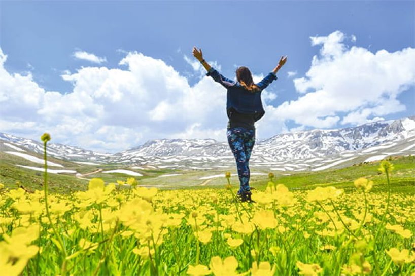 Eine Blumenwiese und eine Frau mit ausgebreiteten Armen symbolisiert Umweltverträglichkeit.