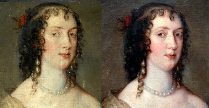 Olivia Boteler Porter von Anthony van Dyck vor und nach der Restaurierung.