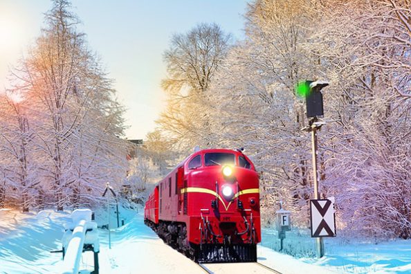 Ein rot lackierter Zug in einem winterlichen Wald.